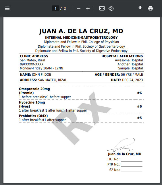 image showing drug prescription with auto-filled data and electronic signature in PDF format